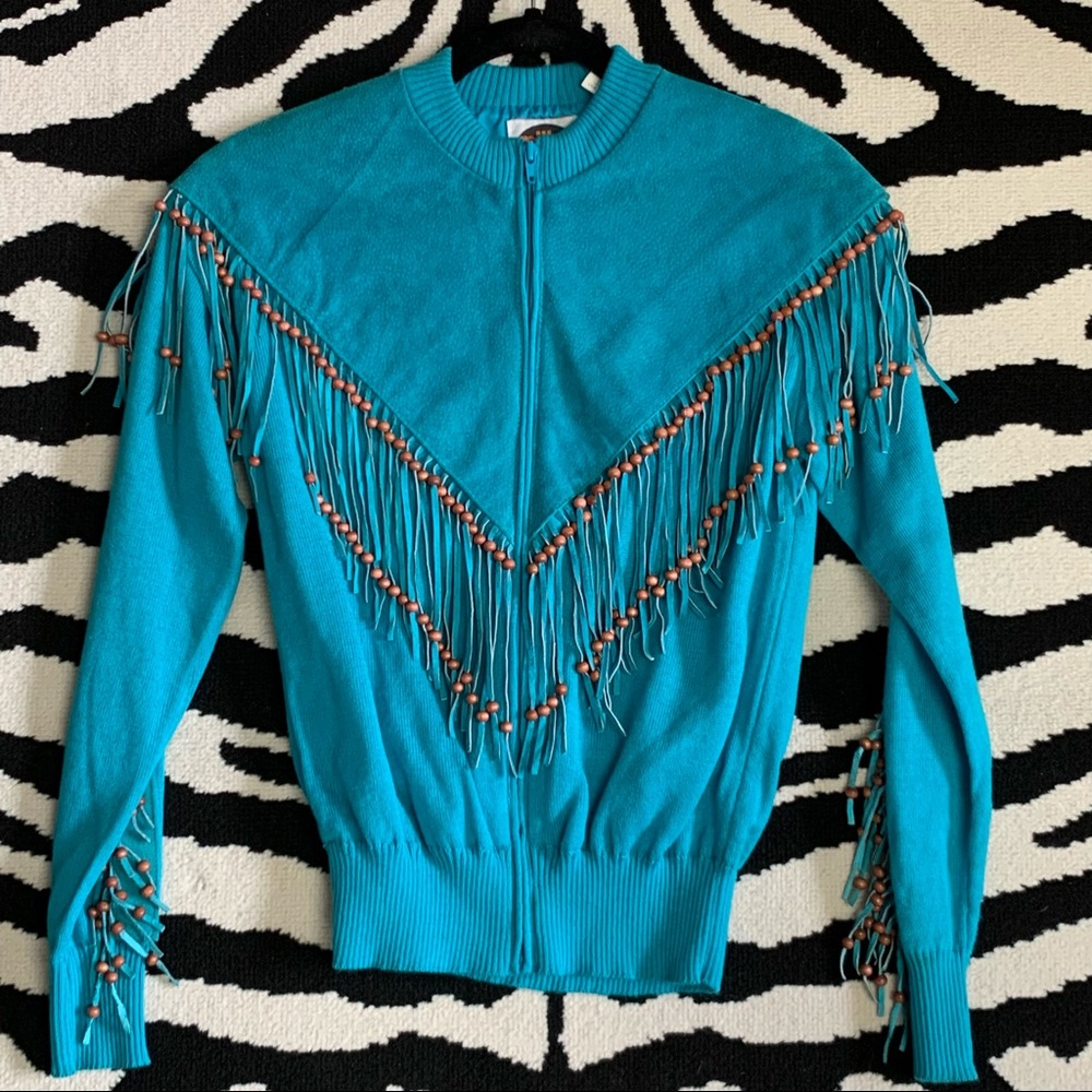 Vintage Miller Suede Fringe Western Boho Leather Beaded Sweater Shacket S/M
